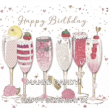 a birthday card with a row of champagne glasses filled with different drinks