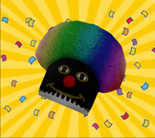 a mushroom with a clown face on it is surrounded by confetti