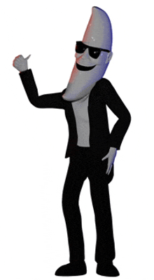 a cartoon character with a banana head wearing sunglasses and a suit .