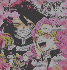 a drawing of a girl with pink hair and a black mask