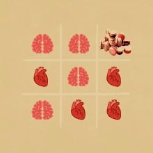 a tic tac toe game with brains and hearts and a pile of macaroons