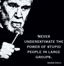 a man with a beard is holding a microphone with a quote by george carlin .