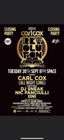 a flyer for a closing party at carlcox