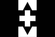 a white cross with an arrow pointing to the right