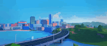 a computer generated image of a city with a bridge over a river and buildings .