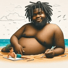 a man with dreadlocks is sitting on the beach drawing a picture of a little boy .