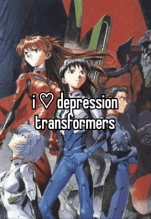 a group of anime characters standing next to each other with the words i love depression transformers above them