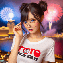 a woman wearing glasses and a toto macau t-shirt