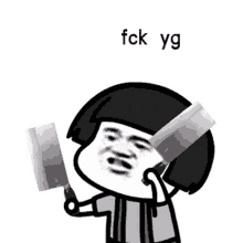 a cartoon character is holding two knives in front of his head and says fck yg .