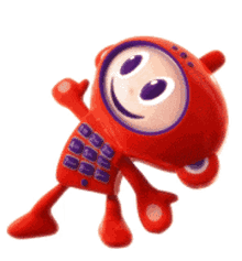 a red monkey with purple eyes is holding a red cell phone