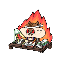 a cartoon drawing of a chipmunk sitting at a desk with a stack of books