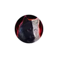 a black and white wolf in a circle on a white background