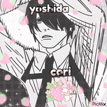 a black and white drawing of a man named yoshida