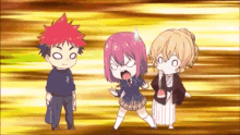 a group of three anime characters are standing next to each other and making funny faces .