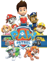 a group of paw patrol characters standing in front of the logo