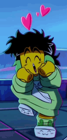 a cartoon character is wearing a green hoodie and making a face with pink hearts above his head .