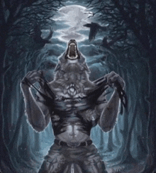 a painting of a werewolf with its mouth open