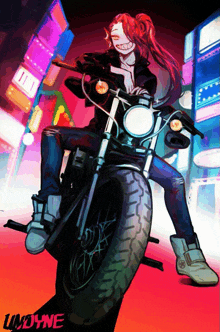 a cartoon drawing of a girl riding a motorcycle with the word undyne on the bottom right