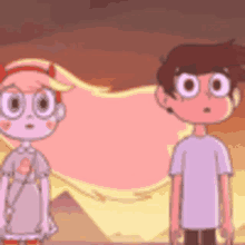 a boy and a girl are standing next to each other in a cartoon scene .