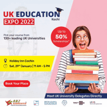 an advertisement for uk education expo 2022 shows a girl holding a stack of books