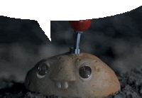 a potato with a screw in it 's head has a speech bubble above it