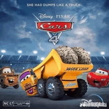 a disney pixar cars 4 movie poster shows a dump truck carrying rocks