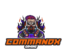 a logo for commandx gaming has a man wearing a gas mask