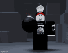 a roblox character wearing a wawa shirt holds a bomb