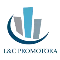 a logo for l & c promotora has a blue circle with a few buildings on it