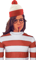 a woman wearing a red and white striped shirt and glasses