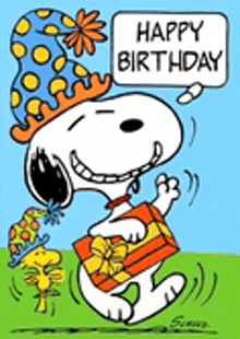 snoopy is wearing a party hat and holding a gift box and saying happy birthday .