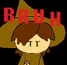 a pixel art drawing of a person with the word bruh written on it