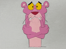 a drawing of a pink panther with arms crossed