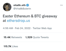 a twitter post from vitalik.eth about easter ethereum and btc giveaway