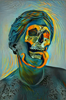 a colorful painting of a woman with a skull in her mouth