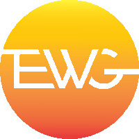 a yellow and orange circle with the word ewg in white