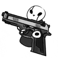 a drawing of a skeleton holding a gun with big eyes .