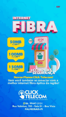 an advertisement for internet fibra shows a phone with a shopping cart on it