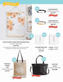 a flyer for faith includes a calendar and a purse