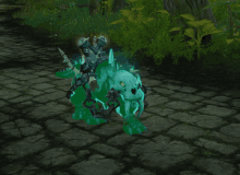 a video game character is riding a green skeleton