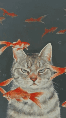 a painting of a cat with goldfish swimming around its head