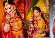 a woman in a red and yellow dress is standing in front of a sign that says wedding hut