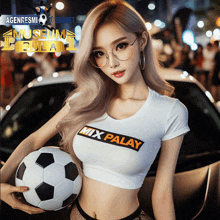 a woman holding a soccer ball wearing a shirt that says mix palay