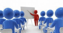 a man is giving a presentation to a group of people sitting in a classroom .