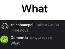 a screenshot of a conversation between a person named telephonepoll and another person named dementia