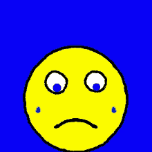 a yellow smiley face with blue eyes and a tear on its cheek