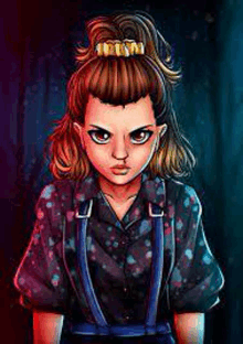 a drawing of eleven from stranger things with a ponytail and suspenders .