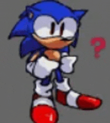 a cartoon of sonic the hedgehog standing next to a question mark on a gray background .