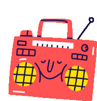 a cartoon illustration of a red boombox with a face on it