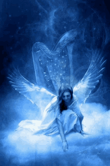 a woman with wings is sitting on a cloud with a harp in her hands .